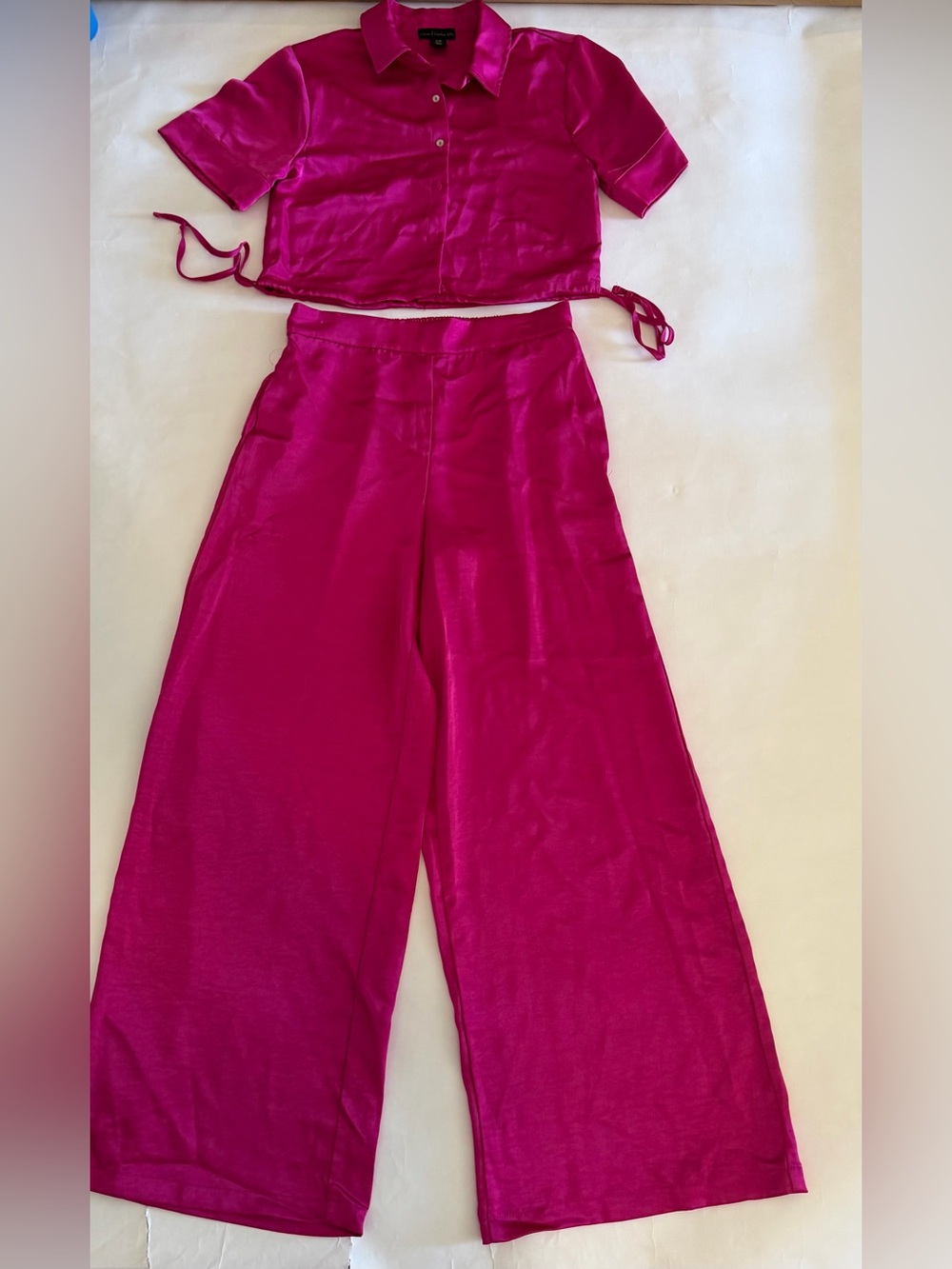 House of Harlow 1960 Wide-Leg Satin Fuchsia Pants and Blouse Set